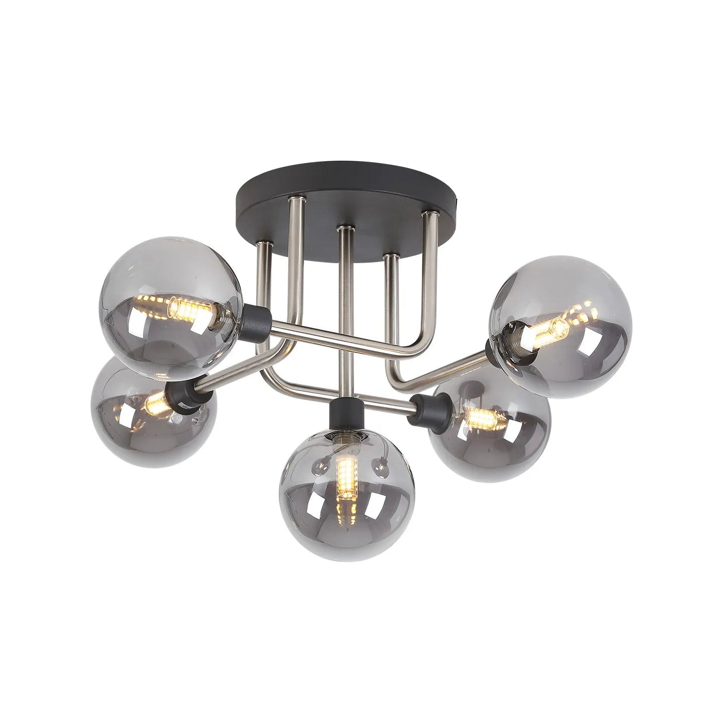 Modern ceiling light fixture with six glass shades on a white background