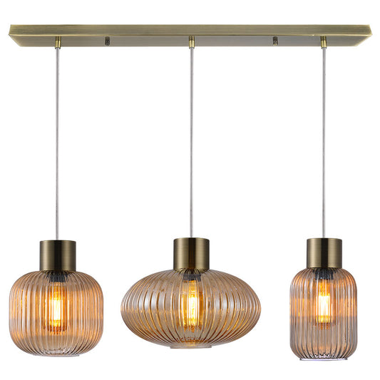 3 Light Bar Antique Brass With Amber Fluted Glass - Collection only