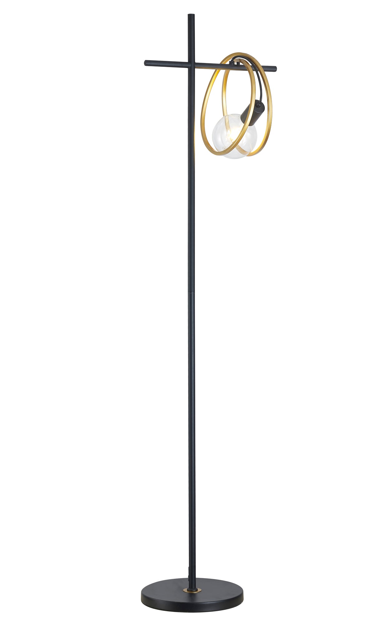 A black floor lamp with gold painted bands around the E27 lamp holders, standing upright with a round base.