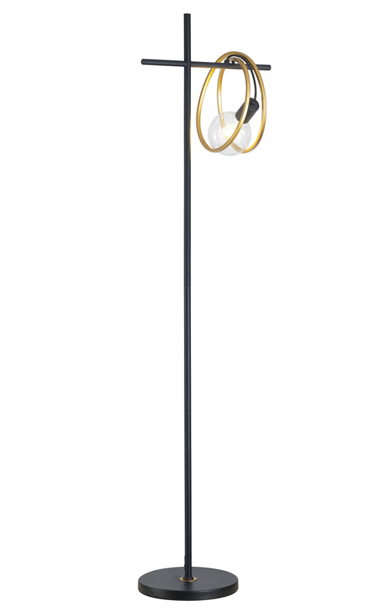 A black floor lamp with gold painted bands around the E27 lamp holders, standing upright with a round base.