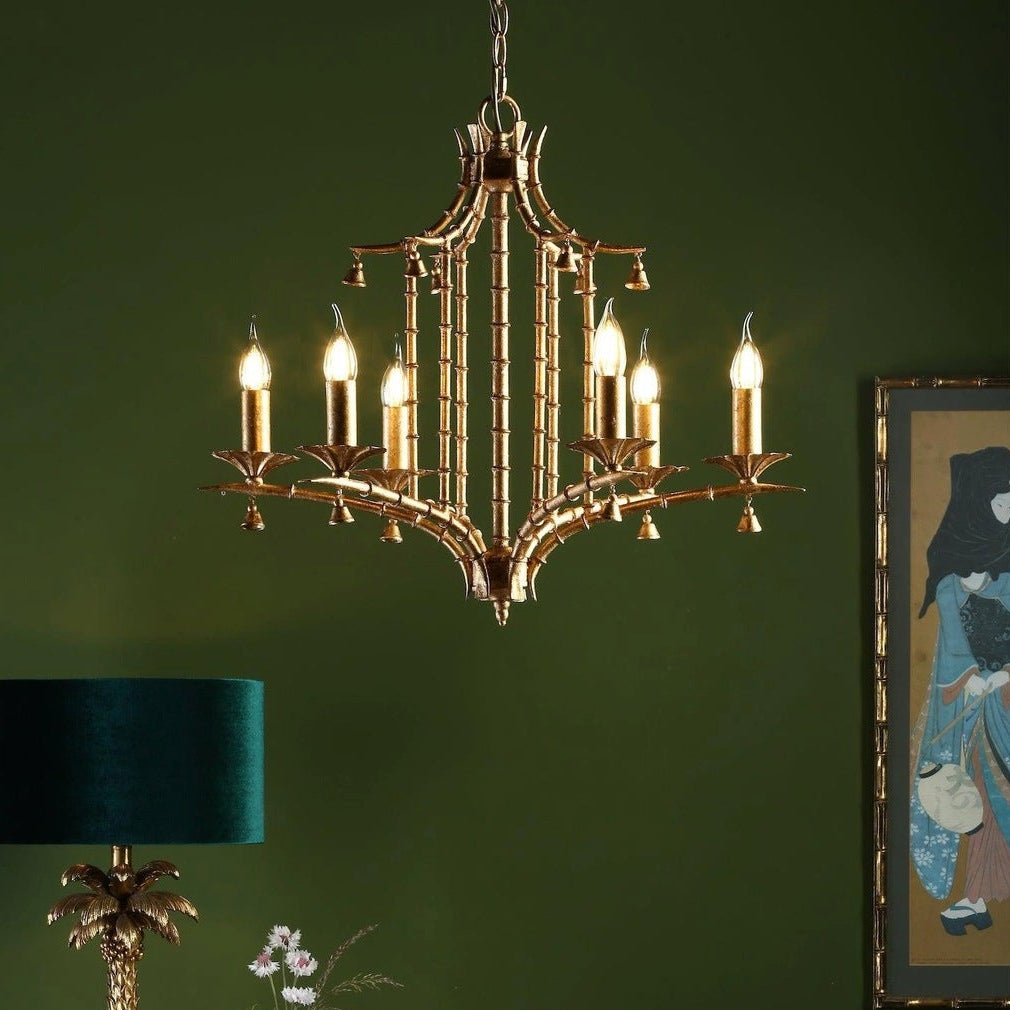 Miette Bamboo Style 6 Light Chinoiserie Chandelier Gold Leaf Finish - Collection only