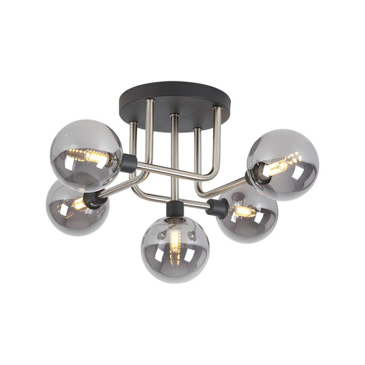 Modern ceiling light fixture with six glass shades on a white background