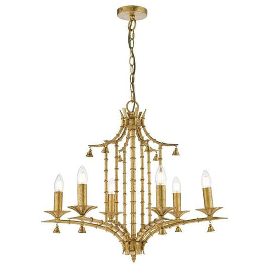 Miette Bamboo Style 6 Light Chinoiserie Chandelier Gold Leaf Finish - Collection only